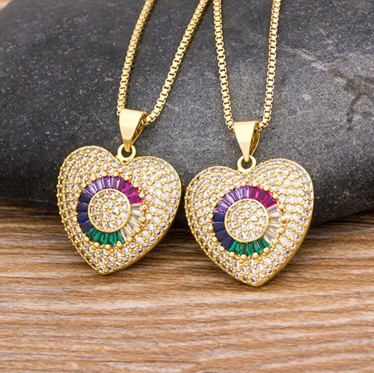 Rainbow Zirconia Jewelry Wedding Gift New Design Fashion Heart Pendent for Women Charm Chain Lovers Copper Necklaces