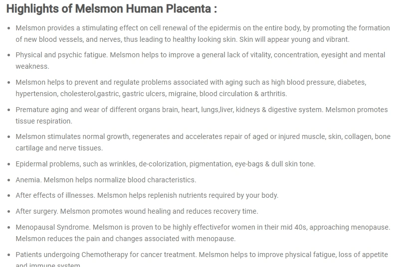 Melsmon Japon Original placenta humain injectable anti vieillissement soins de la peau Injection Haut de page Vente Melsmon placenta humain 50 ampoules