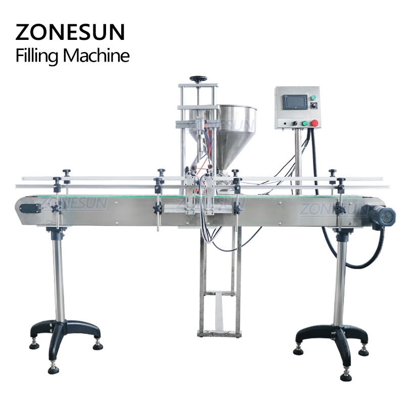 Zonesun Semi Automatic Honey Oil Oyster Sauce Milk Liquor Skin Lotion Hand Sanitizer Shampoo Pneumatic Piston Paste Filling Machine with Conveyor