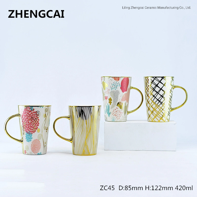 Canecas de café, caneca de leite, conjunto caneca, caneca cerâmica com pega dourada utilizada para café, restaurante, hotel, oferta promocional e casa, venda directa de fábrica, podem ser personalizadas.