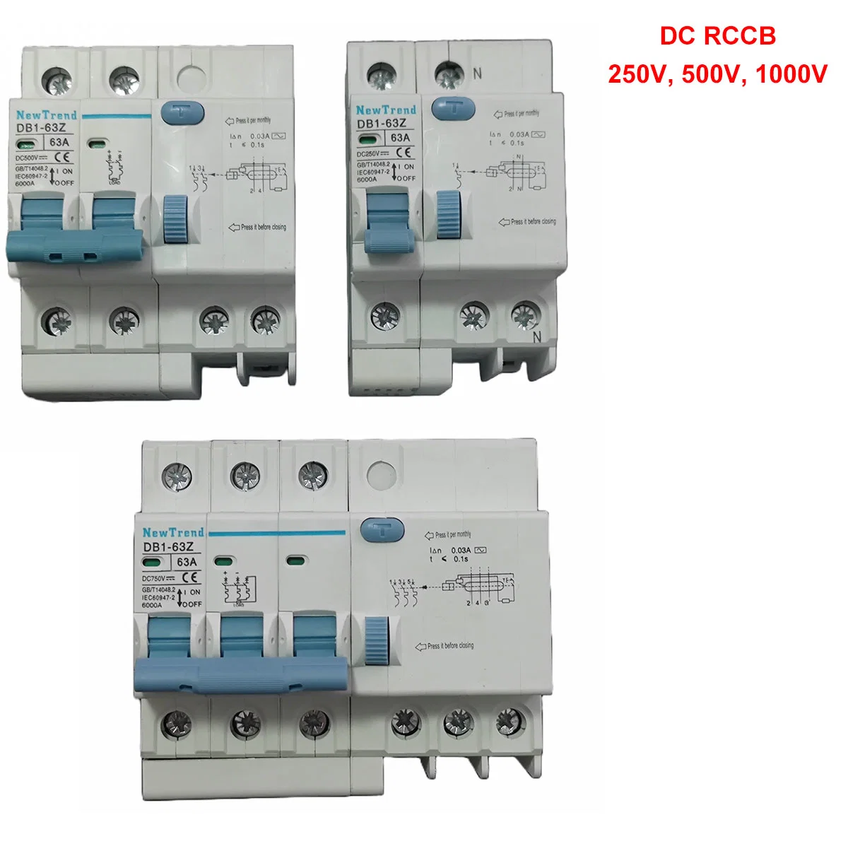 DC RCCB ELCB RCD 25A 40A 63A 220V 250V 500V 1000V 30mA 100mA Solar Panel PV or Electric Vehicle EV Charger Ground Fault Earth Leakage Circuit Breaker