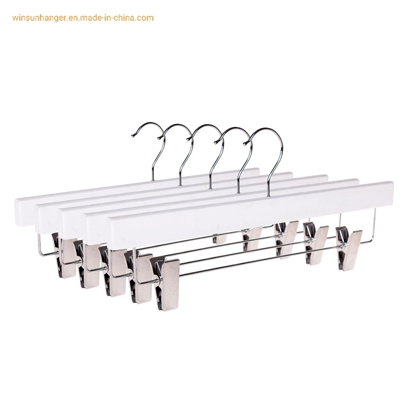 Clothes Store Fashion White Non-Slip Wooden Pants Hanger with Clips Foldable Portable Hanger