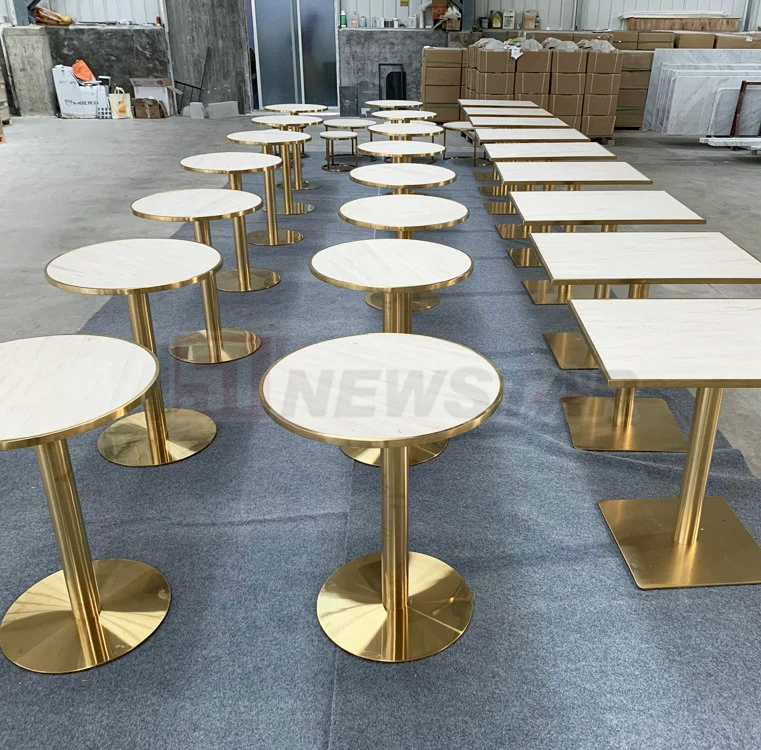 Mesa de jantar redonda quadrada em aço inoxidável dourado para restaurante café Mesa de jantar cromada.