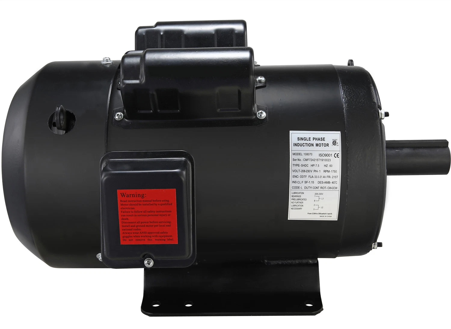 NEMA Single Phase 7.5HP AC Air Compressor Electric 4pole Odtf Motor 215t Frame.