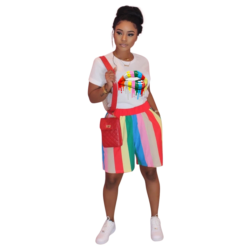 L287939 Casual Lips Stripe Print Sports Short Sleeve Shorts Set Basketball Jersey Cheap