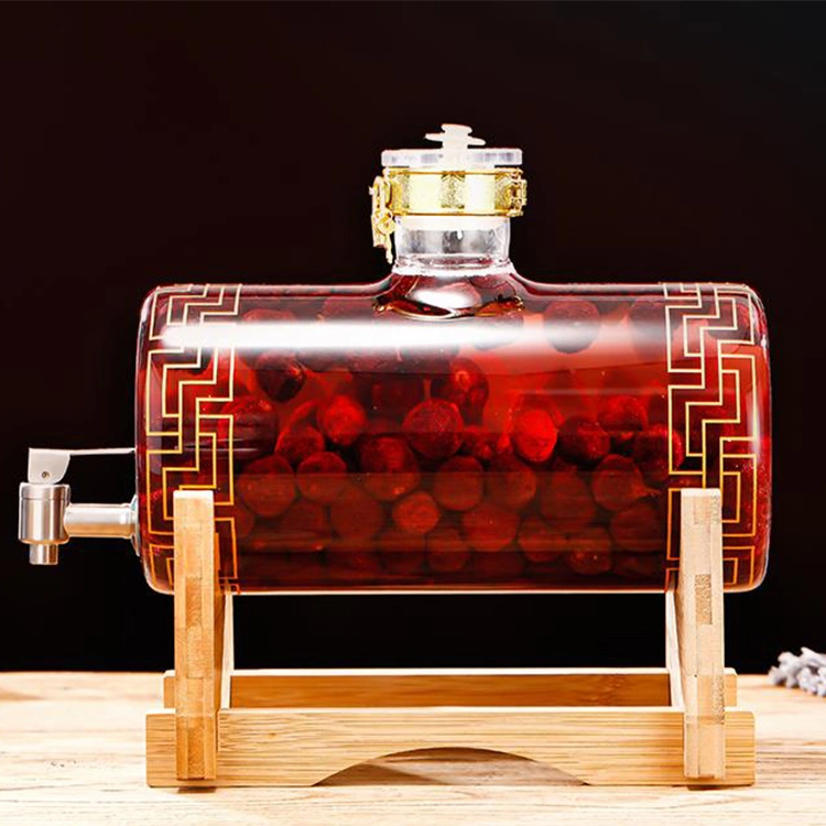 Clear Glass Wine Decanter Set Whiskey Stones Barrel Shape Decanter Set with Wooden Stand