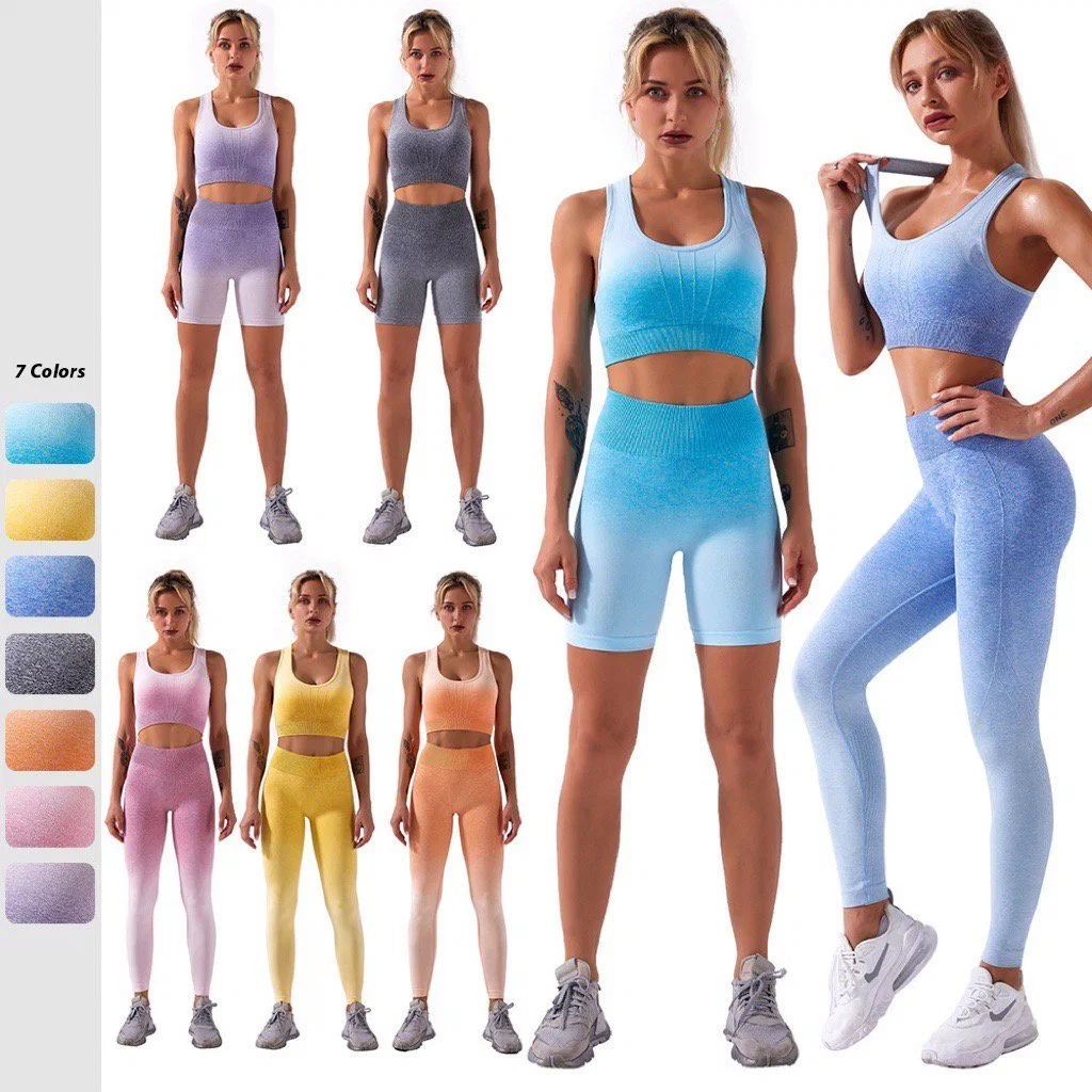 New Hot 2/3PCS Gradient Colorful Workout Clothes for Women, Custom Seamless Fitness Ropa De Yoga Suits Hollow Back Sports Bra + Shorts + Leggings Gym Outfits