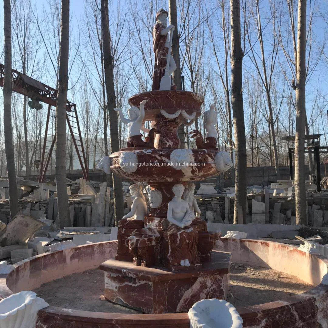 Hand Carved Garden Red Stone Marble Water Fountain