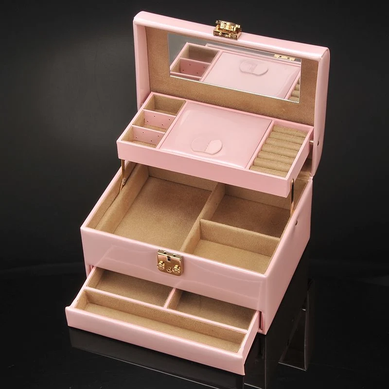 Elegant Latest Design White and Pink Lockable PU Leather Drawer Slide Jewelry Case with Mirror for Ring Earring Necklace Bracelet Watch Storage