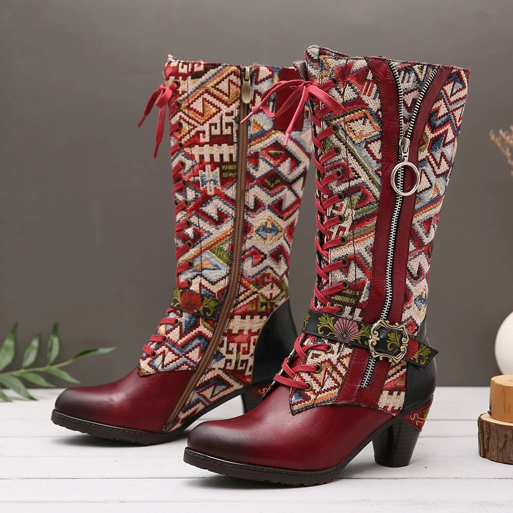 Women&prime; S Leather Long Boots Embossed Handmade Shoes