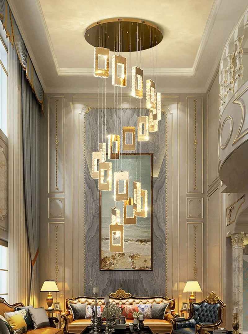 2024 New Zhongshan Lights Rectangle K9 Crystal Stairs Hotel Chandeliers