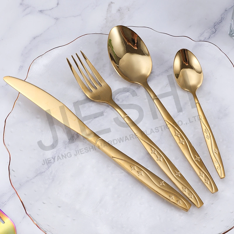 18/0 Atacado garfo brilhante faca Spoon personalizado dernerware Luxo flatware Conjunto de talheres de mesa Fancy Handle Cutlery Golden em aço inoxidável