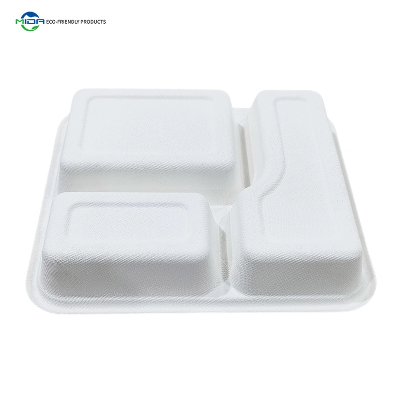 3 Compartment Biodegradable Compostable Tray Sugarcane Bagasse Fast Food Tray