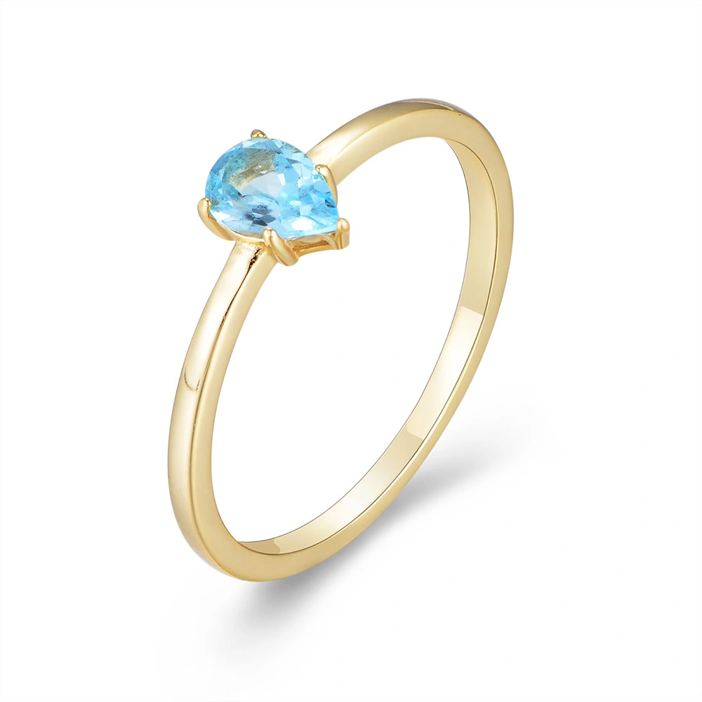 Wholesale/Supplier Natural Gemstone Rings 925 Sterling Silver Gold Pear Drop Blue Topaz Ring Jewelry