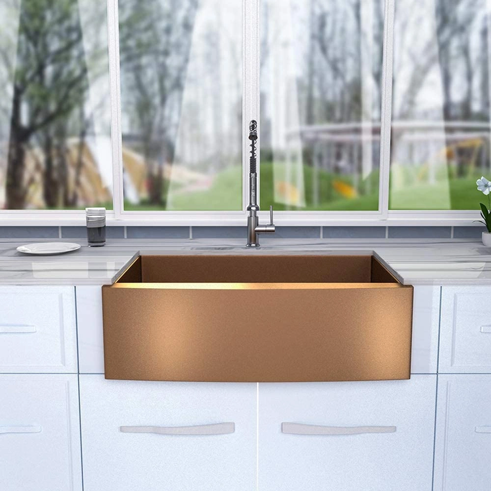 Aquacubic Rose Gold Copper Color PVD Nano Handmade 304 Stainless Steel Apron Front Farmhouse Farm Kitchen Sink