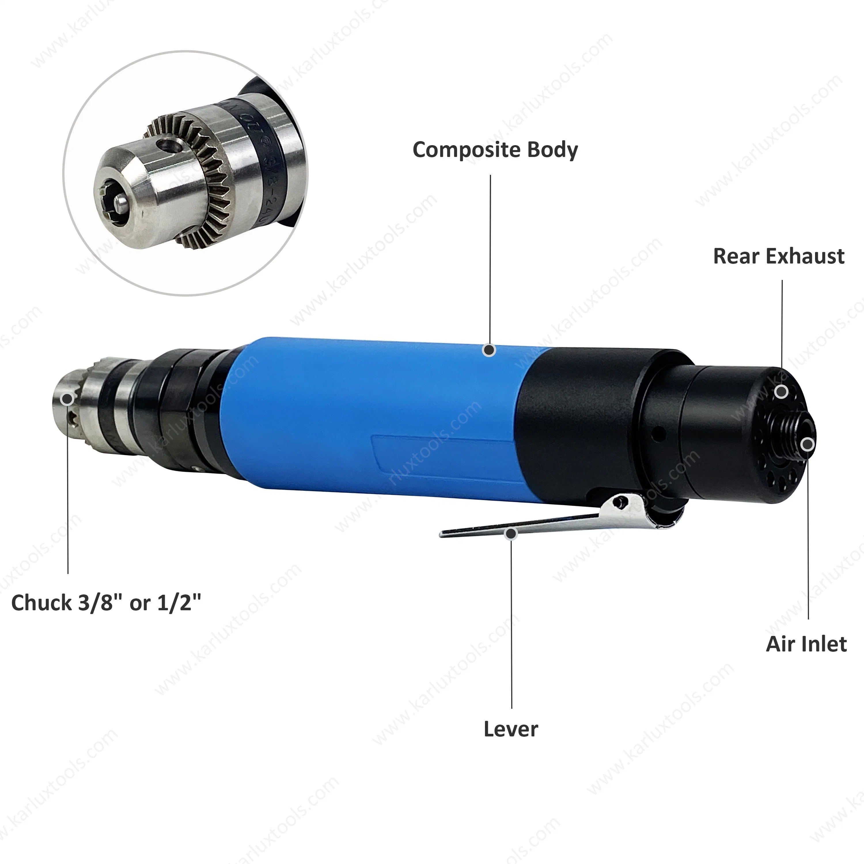 3, 000rpm 1.0HP Ultra-Low Noise Hand Drill Industrial Pneumatic Air Straight Drill with Chuck 3/8''