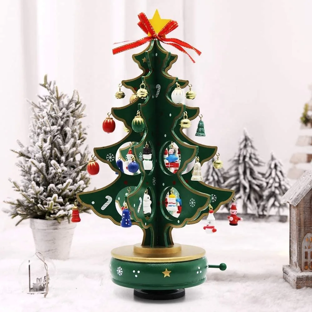 Tabletop Mini Christmas Tree Rotate Wooden Music Box Gift with Ornaments