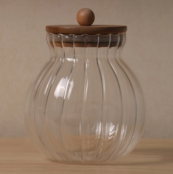 Images Are in-Kind Real Shoot Pumpkin Shape High Borosilicate Transparent Glass Jar with Crown Bamboo Cap