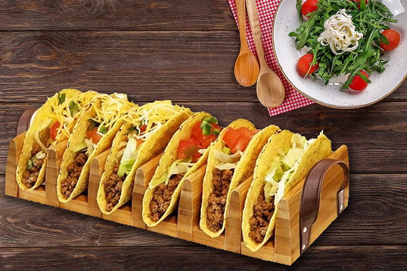 حامل Taco يقف على الملعقة الخشبية الحديثة مكافأة الفن لينة و حامل من الصلب Taco عالي الجودة ومادة قوية 6 فتحات Taco