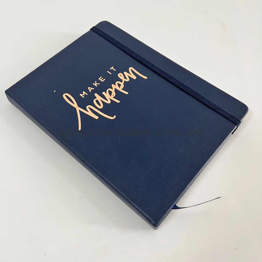 Agenda diária com capa dura de couro PU personalizada com logotipo em hot stamping, com elástico. Caderno de notas em couro PU A5 Moleskine.