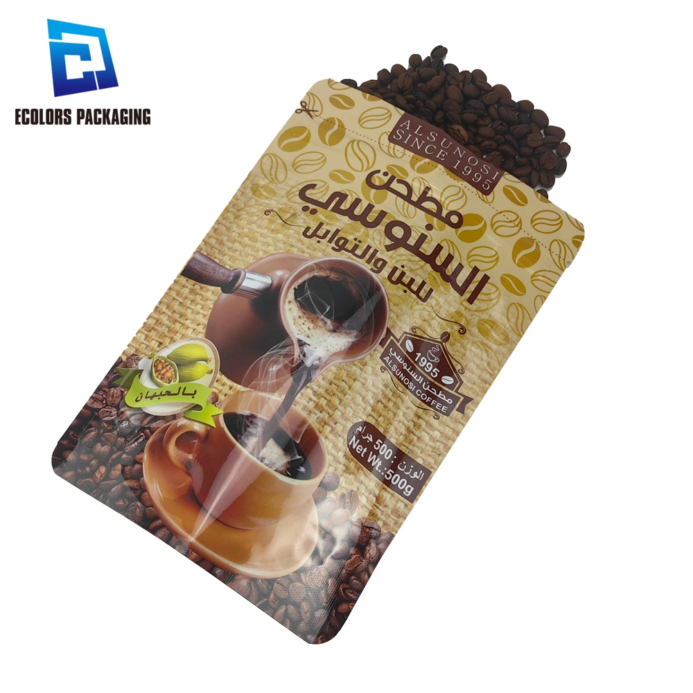 250g 500g 1kg Customized Size Glossy Finished Heat Seal Aluminum Foil Laminated Plastic Zipper Stand up Coffee Beans Powder Packaging Bag with Valve