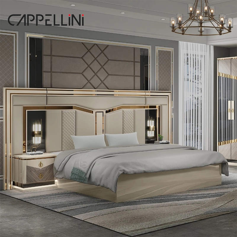 Fabriqué en Chine Ensemble de lit en cuir de luxe de taille double king en bois pour la maison, meubles de chambre à coucher.