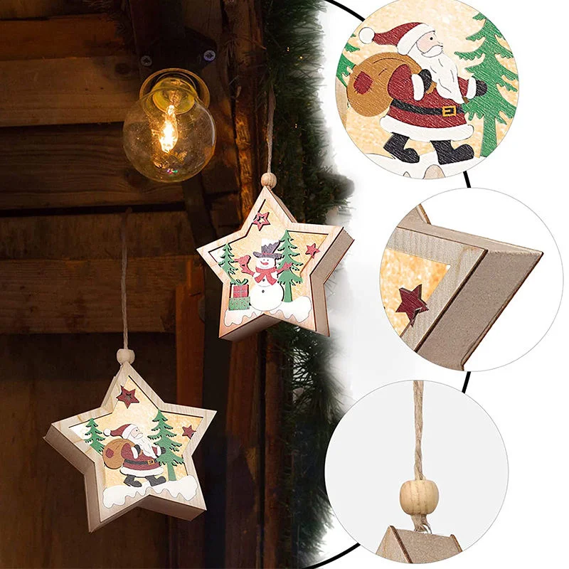 Wooden/Wood Christmas Tree Ornaments Set of 2 Stars Snowman and Santa Claus Hanging Decorations