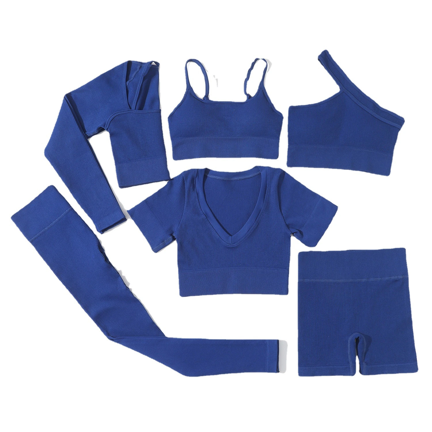 Ensemble de sport sans couture de 6 pièces comprenant un soutien-gorge, un short et un legging assortis avec logo personnalisé. Tenue d'entraînement de gymnase pour femmes adaptée au fitness, au yoga et à l'exercice physique.