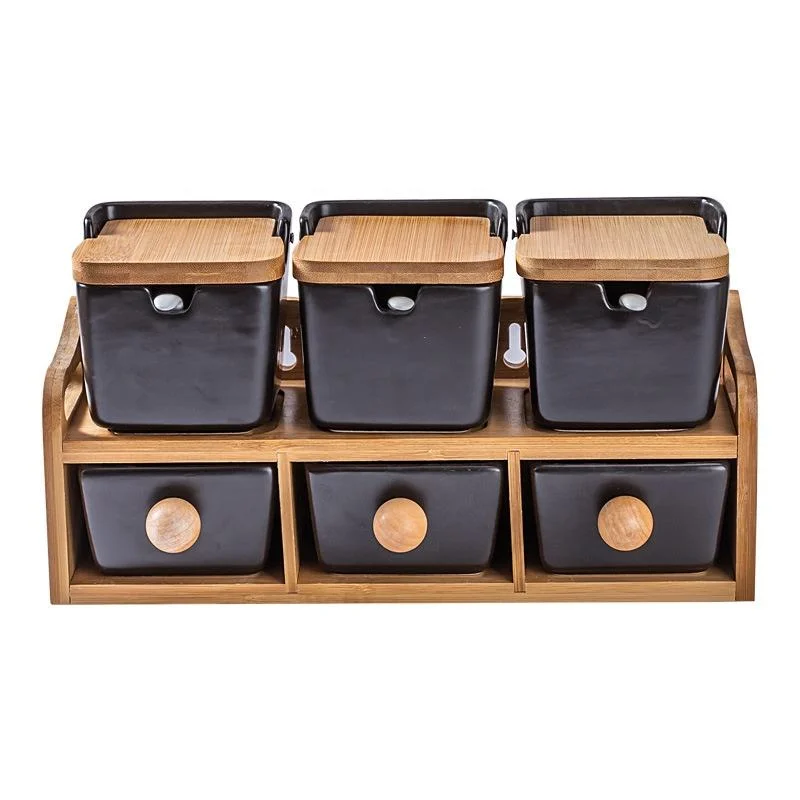 High Quality Graceful Glaze Ceramic Seasoning Pot Set Kitchen Seasoning Box Household Pepper and Salt Shaker with Wooden Lid