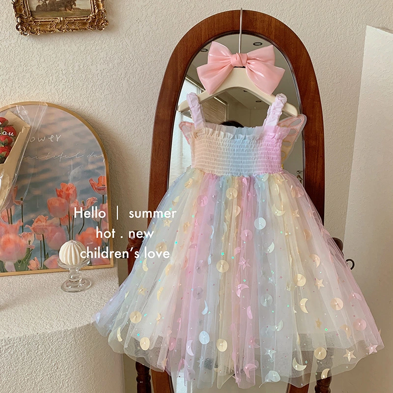 Girls Dress 2023 Summer New Children's Dream Elf Butterfly Rainbow Skirt Baby Halter Princess Skirt