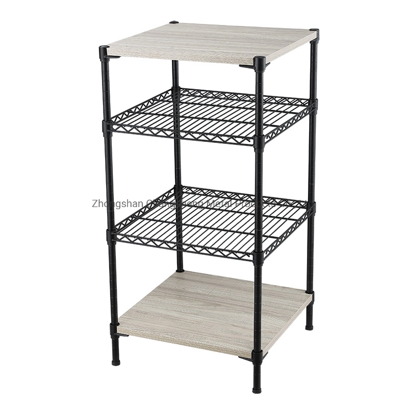 New Design 4 Tier DIY Iron Corner Shelf Unit Wire Storage Rack with MDF Board