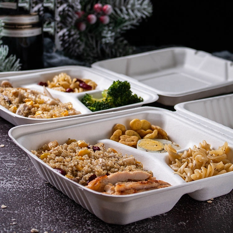 3 Compartment Compostable Sugarcane Bagasse Pulp Disposable Plate Dishes Biodegradable Food Container Tableware