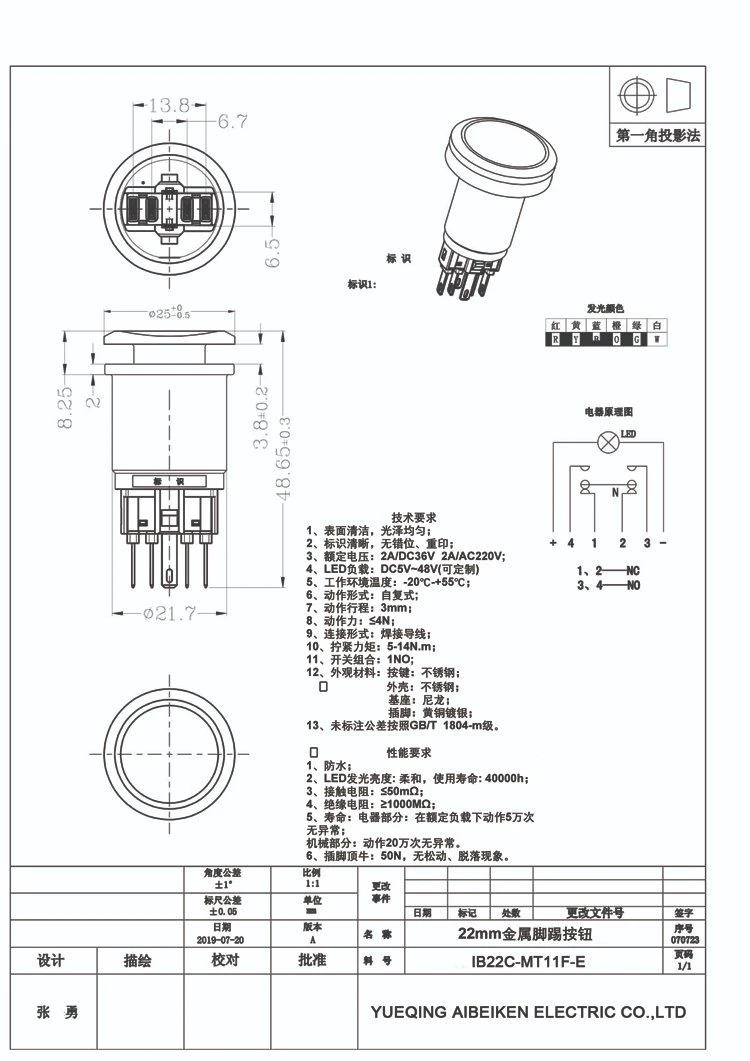 2022 Botón Interruptor de acero inoxidable de 22mm gran cabeza 1n1nc anillo momentánea de LED para wc con el botón de contacto