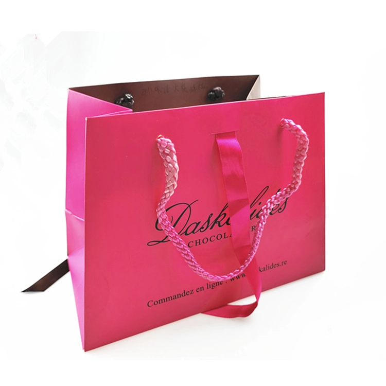 Lovely Ribbons Handle Pink Coffee Cmyk Printing Logo Rope Jewelry Paper Bag