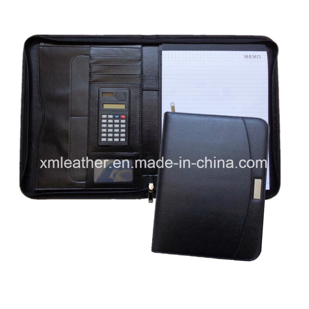 Черный кожаный чехол на молнии бизнес-Capacity Planner портфель органайзера с помощью калькулятора