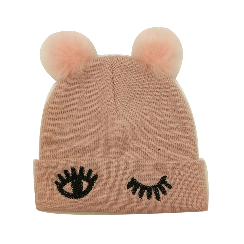 Kids' Winter Warm Fashion Knitted Hat with 3D Embroidery and Fake Fur Pompoms