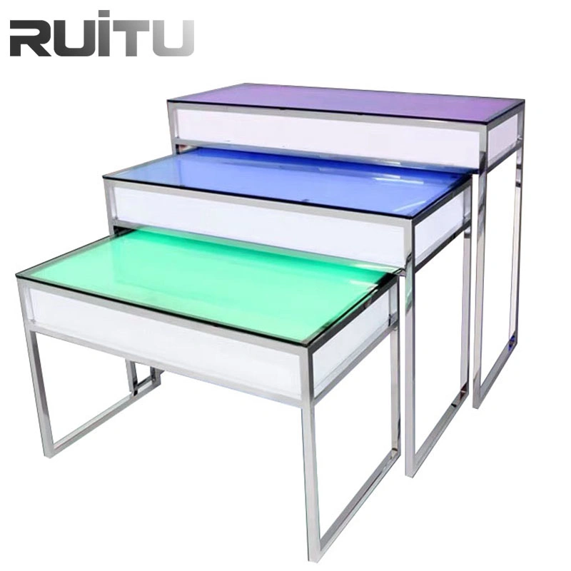 5 Star Hotel Equipment Food Dessert Display Tables Stand Party Banquet Rectangular Glass Top Stainless Steel Frame LED Restaurant Hotel Buffet Catering Table