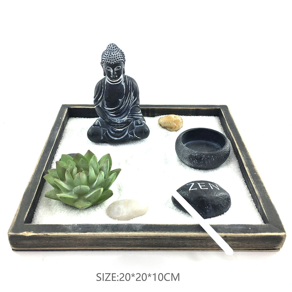 Wooden Zen Garden Set Include Buddha, Decoration Stone, Candle Holder, Sand