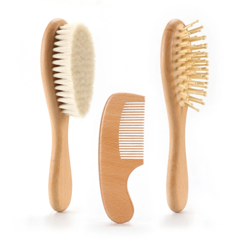 Commerce de gros poils de chèvre doux naturel Socle en bois et le peigne Brosse brosse bébé fixés pour les nouveau-nés Toddler