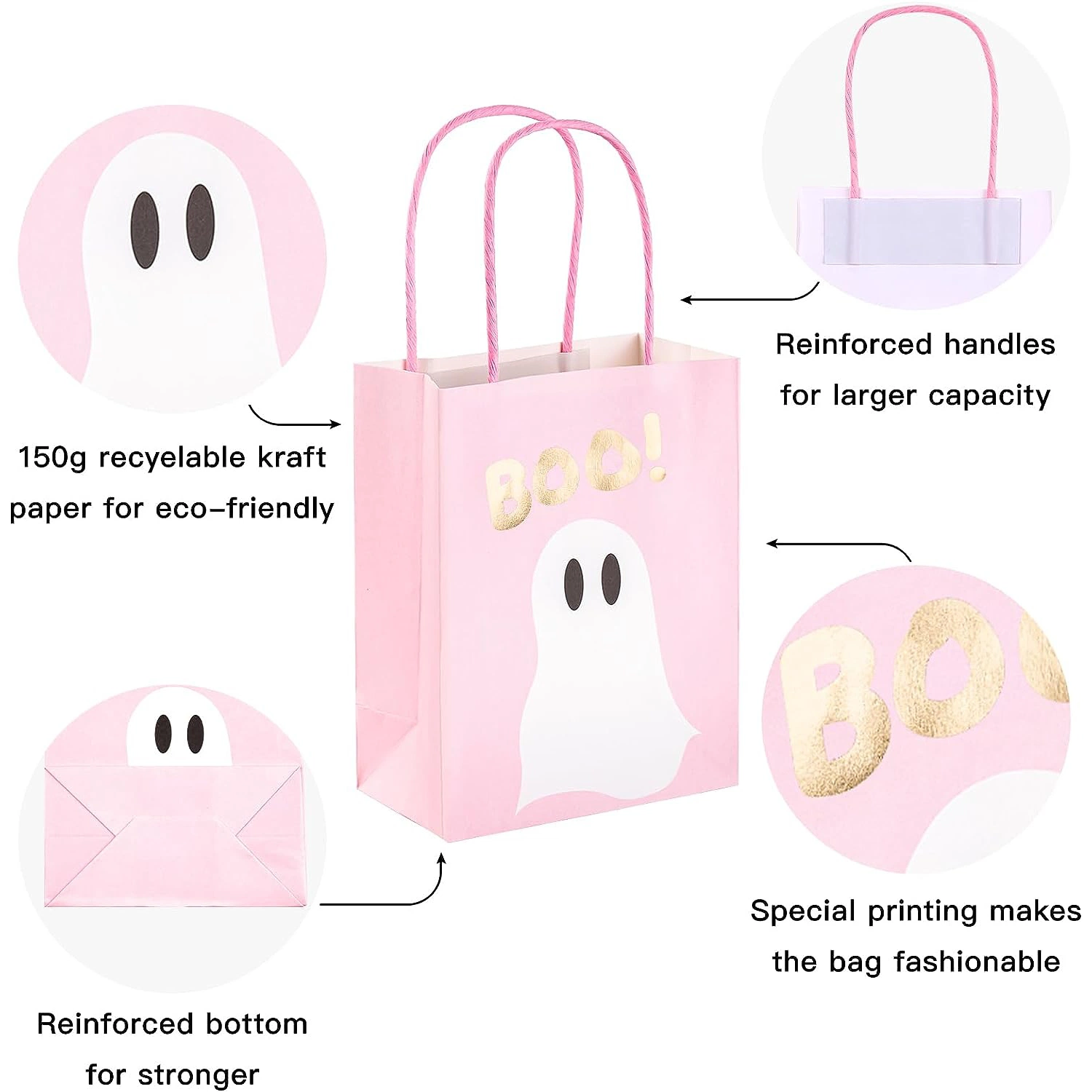 Pink Kraft Paper Gift Bags for Hallowen, Holiday, Party Gift Wrap