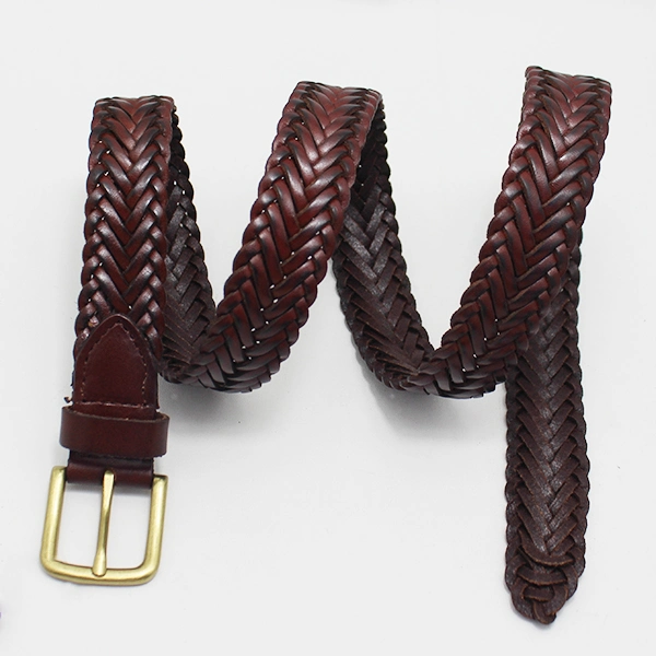 Pin Zinc Alloy Buckle Brown Brushed Leather Braided Belt