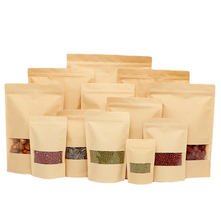 Doypack Ziplock Brown White Kraft Craft Paper Standing up Pouches Food Packaging Zipper Bags with Window