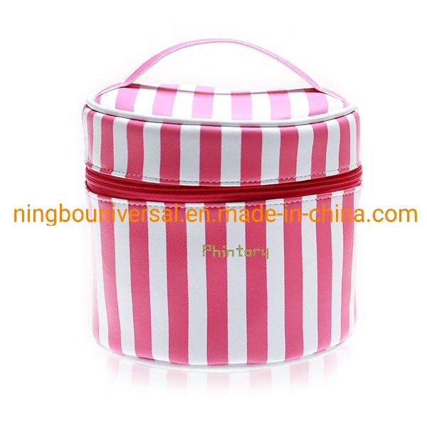 Women Pink PU Handle Travel Cylinder Round Cosmetic Bags Cases