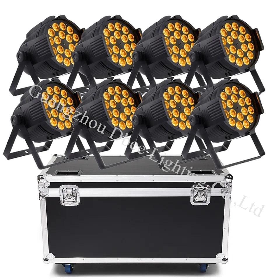 8PCS with Flightcase Shipped 18PCS X 18W Rgbwauv 6 in 1 LED Flat PAR Can Light for DJ Disco Wedding Decoration