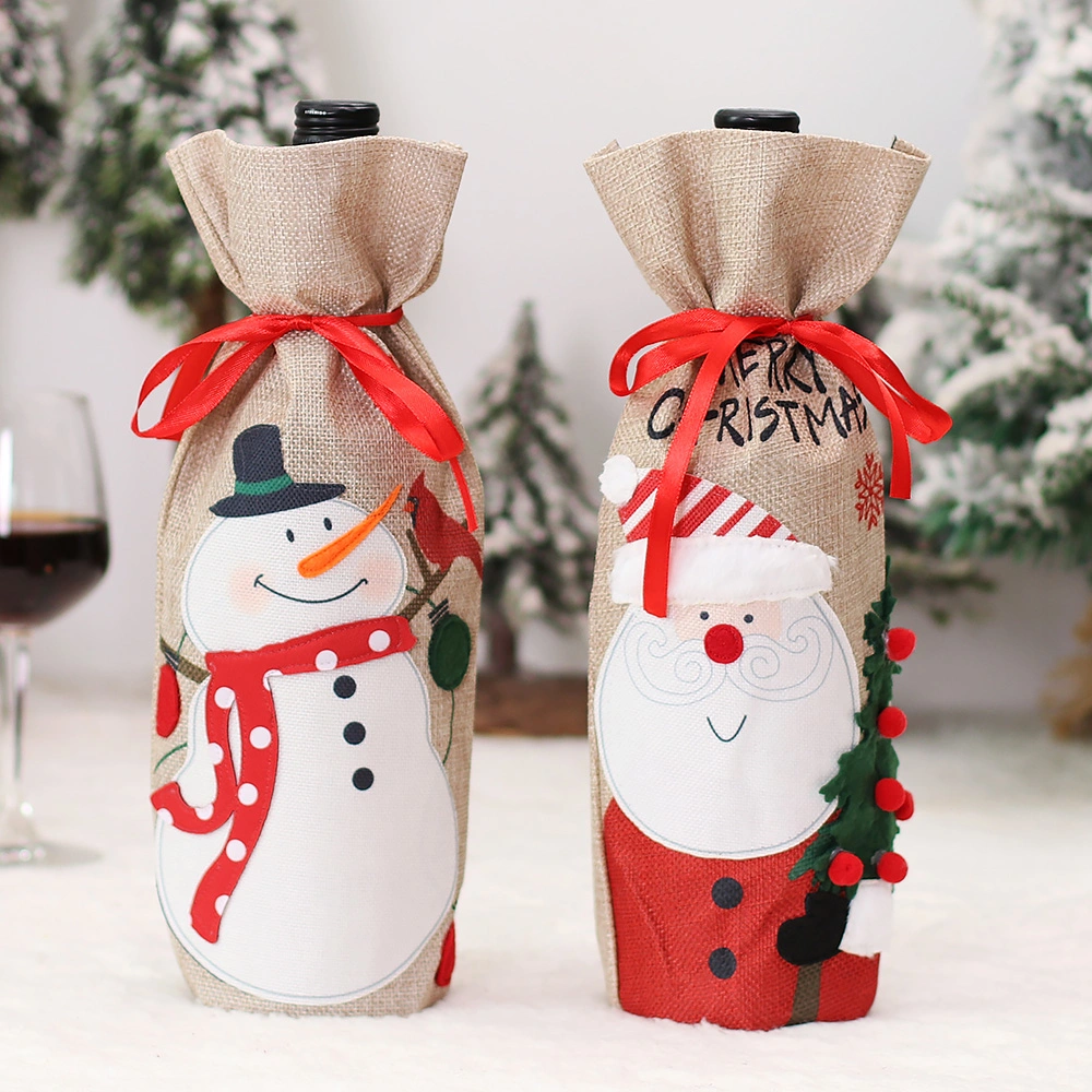 Amazon Venta caliente tapa de la botella de vino decorativo muñeco de nieve/Santa Casa de patrón de la decoración del Partido de la bolsa de botella de vino