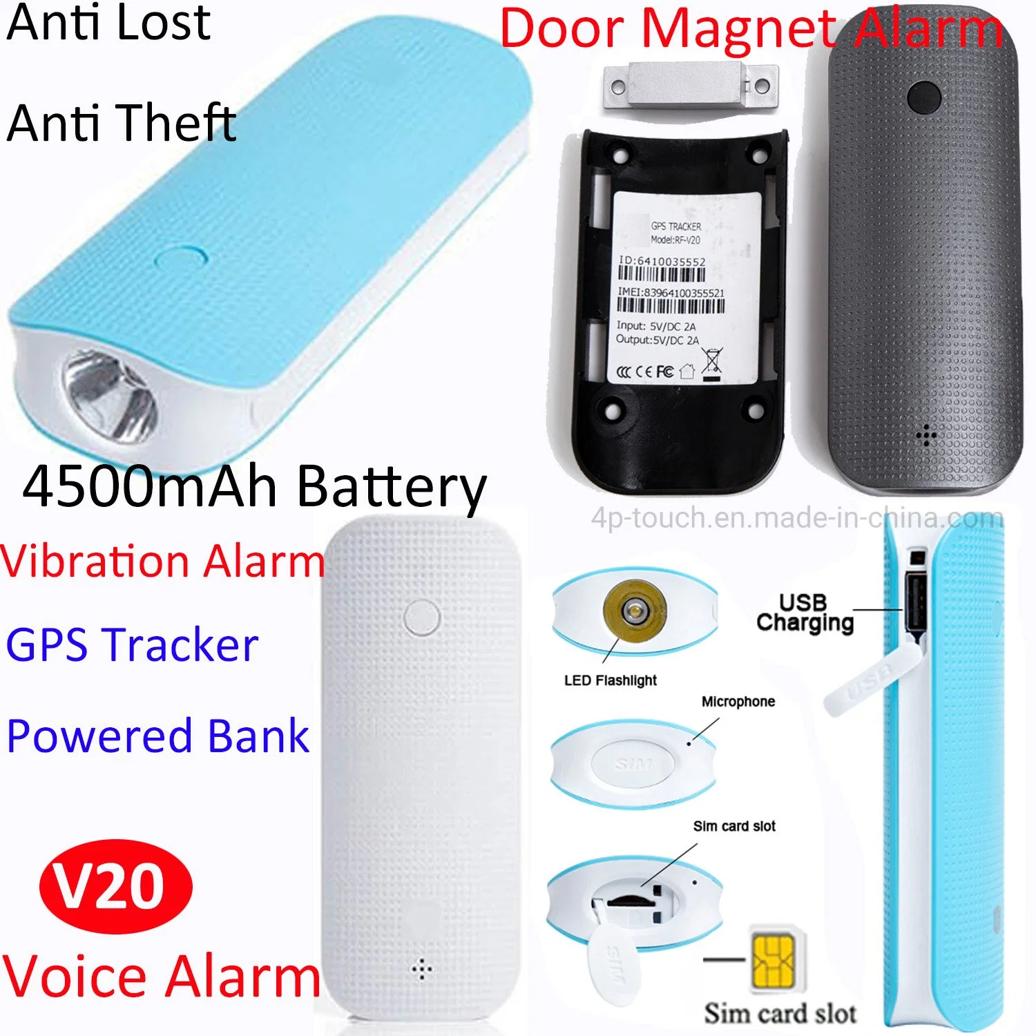 Hot Selling 2G GSM Real Time Position Large Battery Capacity Mini Portable GPS Tracking Device with Torch Light V20