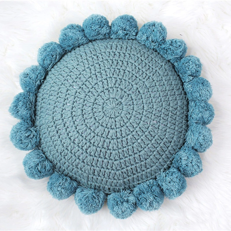 Coussin de tricot gris bleu uni Vintage Pad Vert 50x50cm Cute Pompom Coussin de balle doux pour un canapé-lit pépinière décoratif de chambre