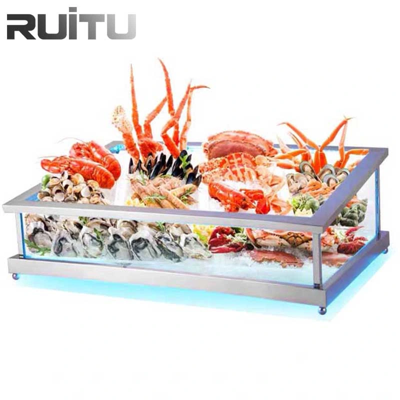 Buffet de ensaladas de LED RGB de la estación de la bandeja de hielo con el vaciado de acrílico transparente de la placa de tabla de equipos de buffet frío de mariscos Ensalada de salmón mueble bar buffet hielo mostrar