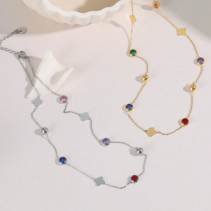 Fashion Jewelry Stainless Steel Chain Link Colorful Zircon Beads Clover Necklace