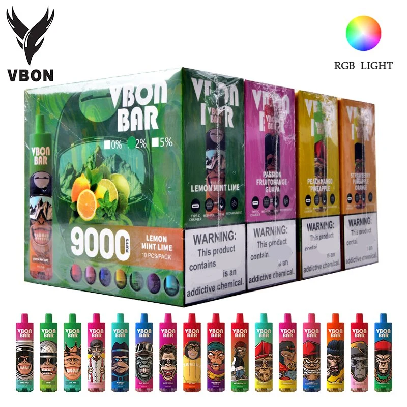Vbonbar 9000 Puff RVB lumière variable Vapor E-cigarette mesh bobine Vape jetable